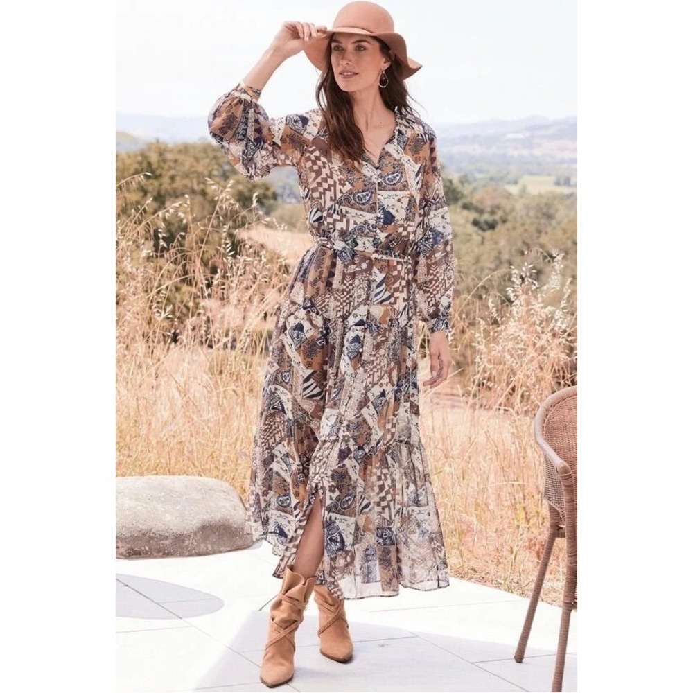 Soft Surroundings Hailey Maxi Dress Patchwork Belted NWT Women's S Boho